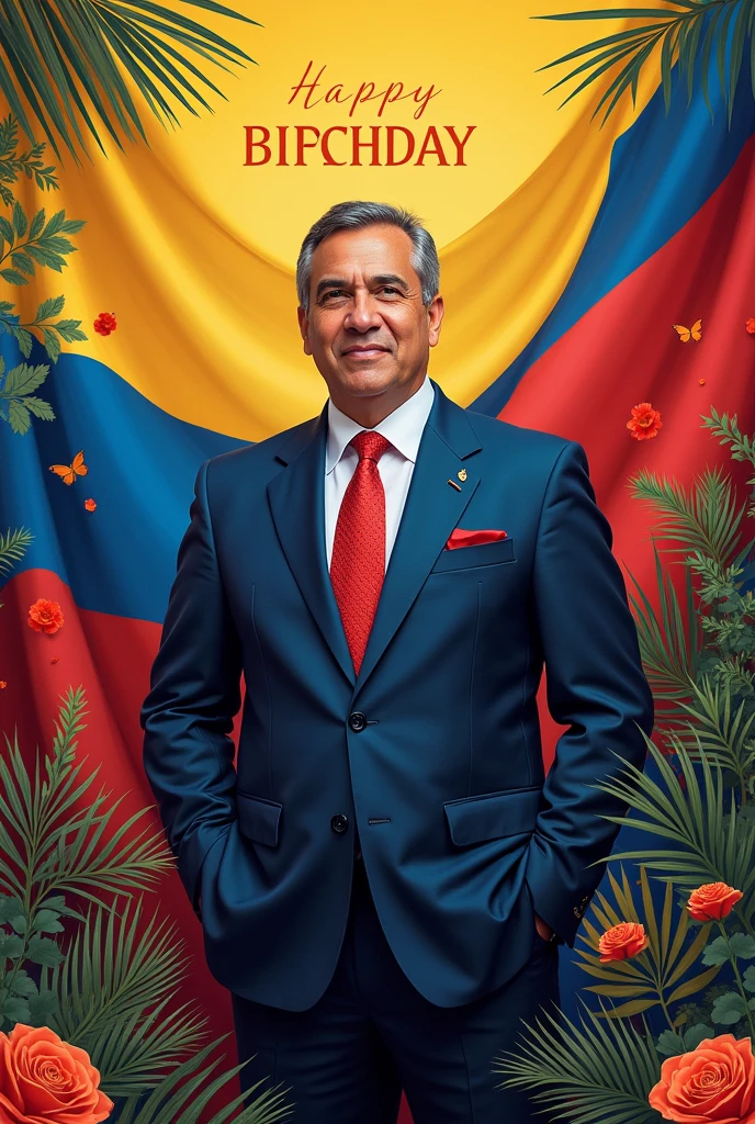 Create a birthday image to celebrate an Ecuadorian chancellor of approximately 30 years old. The design should include elements that represent Ecuador, like the national colors, the official flag and symbols . The image should display an avatar that reflects the approximate age, focusing on the role of the chancellor in an elegant way, while the phrase Happy Birthday appears