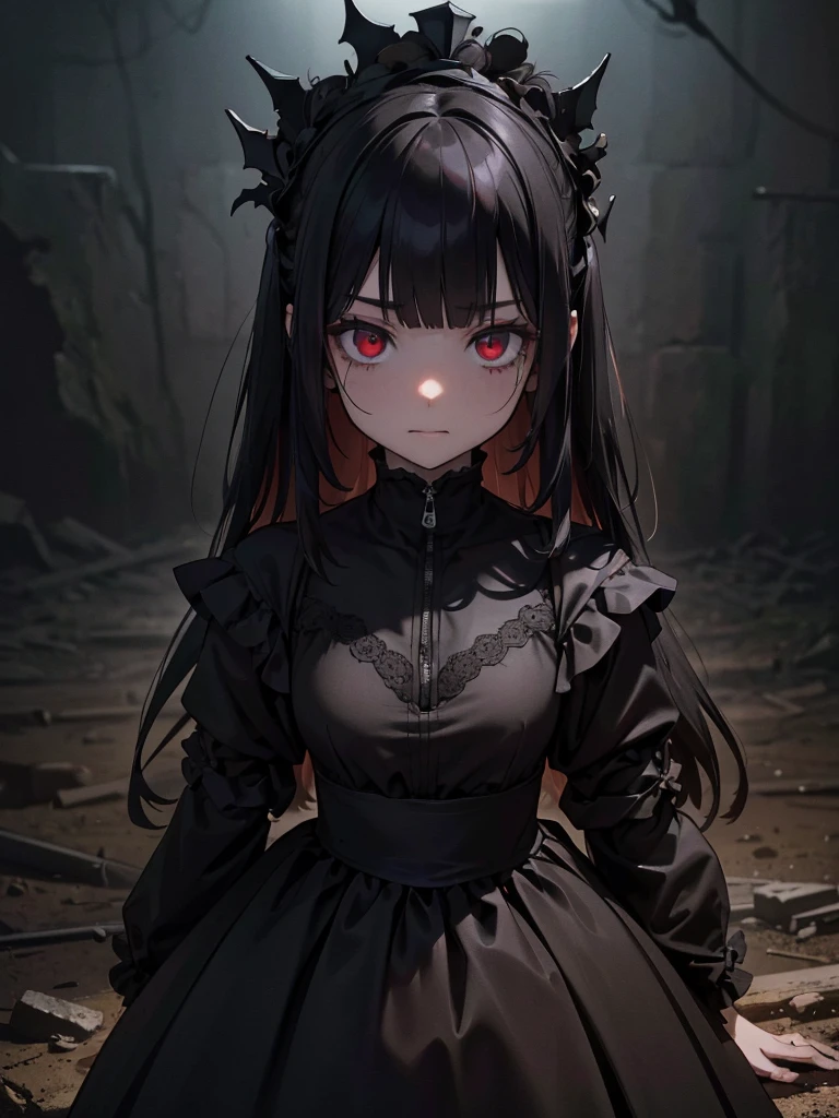 Black maid outfit, whole body, Long black hair,Red eyes,In the spotlight,(It generates high-quality female works with a dark and insane horror movie-like world view centered on black. She has a creepy and attractive physique、whole body黒のファッションスタイルを着ています. The background is a dark and desolate landscape, An atmosphere like a horror movie setting. Her figure is terrifyingly beautiful, Emphasizing dark and insane elements. Light and shadow effects are skillfully expressed, detailed, The face and expression in the black attire are meticulously drawn, Artistic elements add depth to the work. The overall atmosphere exudes an eerie and nightmarish worldview, With a unique artistic touch. This movie is、It depicts the dark and insane world of a horror movie in high quality, Evoke visual stimuli and aesthetic sense, It will give viewers fear and excitement. It produces a work that blends the dark and insane worldview of a horror movie with artistic elements