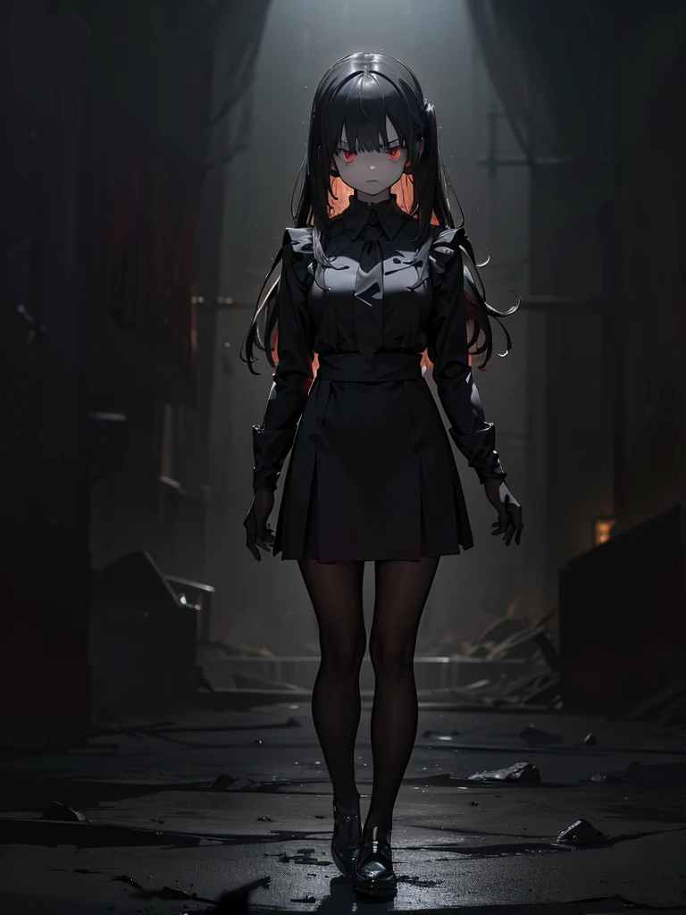 Black maid outfit, whole body, Long black hair,Red eyes,In the spotlight,(It generates high-quality female works with a dark and insane horror movie-like world view centered on black. She has a creepy and attractive physique、whole body黒のファッションスタイルを着ています. The background is a dark and desolate landscape, An atmosphere like a horror movie setting. Her figure is terrifyingly beautiful, Emphasizing dark and insane elements. Light and shadow effects are skillfully expressed, detailed, The face and expression in the black attire are meticulously drawn, Artistic elements add depth to the work. The overall atmosphere exudes an eerie and nightmarish worldview, With a unique artistic touch. This movie is、It depicts the dark and insane world of a horror movie in high quality, Evoke visual stimuli and aesthetic sense, It will give viewers fear and excitement. It produces a work that blends the dark and insane worldview of a horror movie with artistic elements