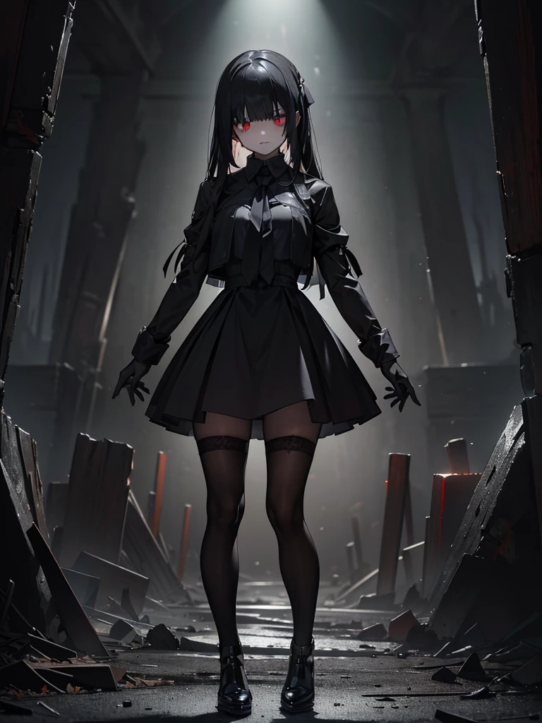 Black maid outfit, whole body, Long black hair,Red eyes,In the spotlight,(It generates high-quality female works with a dark and insane horror movie-like world view centered on black. She has a creepy and attractive physique、whole body黒のファッションスタイルを着ています. The background is a dark and desolate landscape, An atmosphere like a horror movie setting. Her figure is terrifyingly beautiful, Emphasizing dark and insane elements. Light and shadow effects are skillfully expressed, detailed, The face and expression in the black attire are meticulously drawn, Artistic elements add depth to the work. The overall atmosphere exudes an eerie and nightmarish worldview, With a unique artistic touch. This movie is、It depicts the dark and insane world of a horror movie in high quality, Evoke visual stimuli and aesthetic sense, It will give viewers fear and excitement. It produces a work that blends the dark and insane worldview of a horror movie with artistic elements