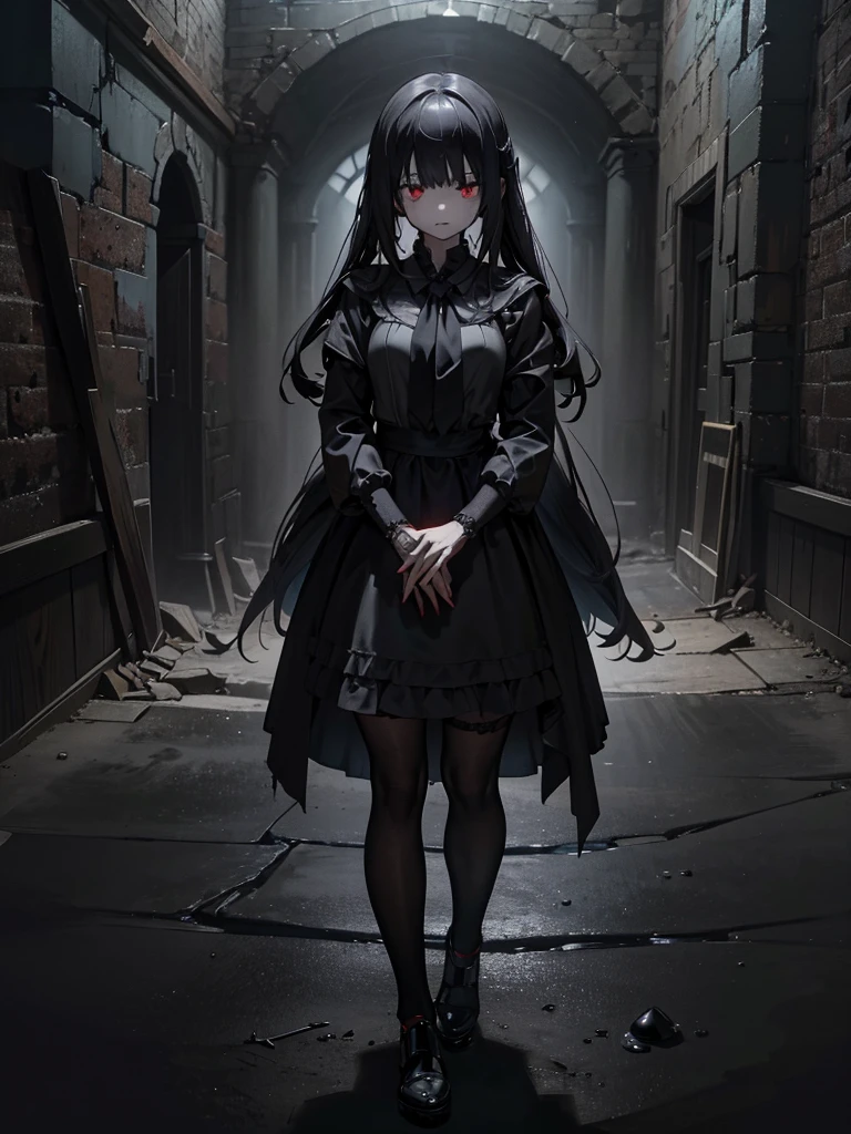 Black maid outfit, whole body, Long black hair,Red eyes,In the spotlight,(It generates high-quality female works with a dark and insane horror movie-like world view centered on black. She has a creepy and attractive physique、whole body黒のファッションスタイルを着ています. The background is a dark and desolate landscape, An atmosphere like a horror movie setting. Her figure is terrifyingly beautiful, Emphasizing dark and insane elements. Light and shadow effects are skillfully expressed, detailed, The face and expression in the black attire are meticulously drawn, Artistic elements add depth to the work. The overall atmosphere exudes an eerie and nightmarish worldview, With a unique artistic touch. This movie is、It depicts the dark and insane world of a horror movie in high quality, Evoke visual stimuli and aesthetic sense, It will give viewers fear and excitement. It produces a work that blends the dark and insane worldview of a horror movie with artistic elements