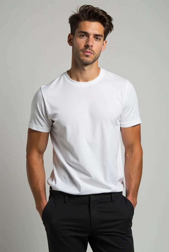 Male Young adult in white t-shirt tucked in black pants
