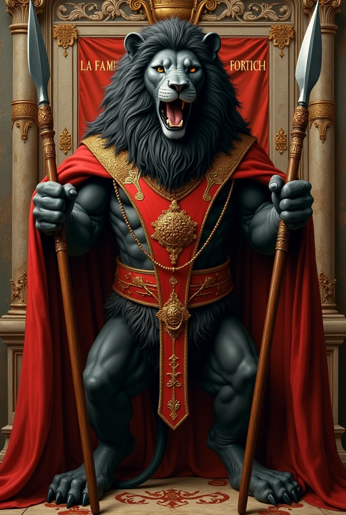 CREATE A PAINTING LIKE Renaissance. ANGRY BLACK LION HOLDING SPEARS WITH BLACK RED SASH AND FLAG. TEXT : LA FAMILIA FORTICH. AND DETAILED IMAGE.