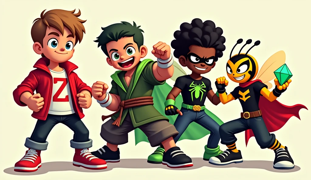 Draw four cartoon-style characters with dynamic, heroic poses. Each character should be outlined with thick, defined lines, using vibrant, saturated colors for a clean, crisp look:Character 1: A young hero with light brown hair in an expected style. He wears an open red jacket, white t-shirt with a red 'Z' in the center, black pants and red sneakers. He has his fists clenched, in a confident pose, ready for action. Character 2: A dark-skinned warrior with dark green curly hair. He wears a green kimono with a tied brown belt, white bands on his forearms and legs. He is in a fighting pose, with a serious expression, showing his determination.Character 3: A modern hero with black, curly hair. He wears a black mask with neon green details, a black t-shirt with a bright green spider symbol, and dark jeans with black and green sneakers. He is crouched in an attack pose, with his fists ready for action. Character 4: A humanoid bee character with a yellow face and mischievous expressions. He wears a crown with an emerald, a red cape, and his body is yellow with black stripes. He holds a large green diamond in one hand while displaying a confident smile. Make sure all the characters are together in a group, displaying their unique personalities with a vibrant and dynamic energy