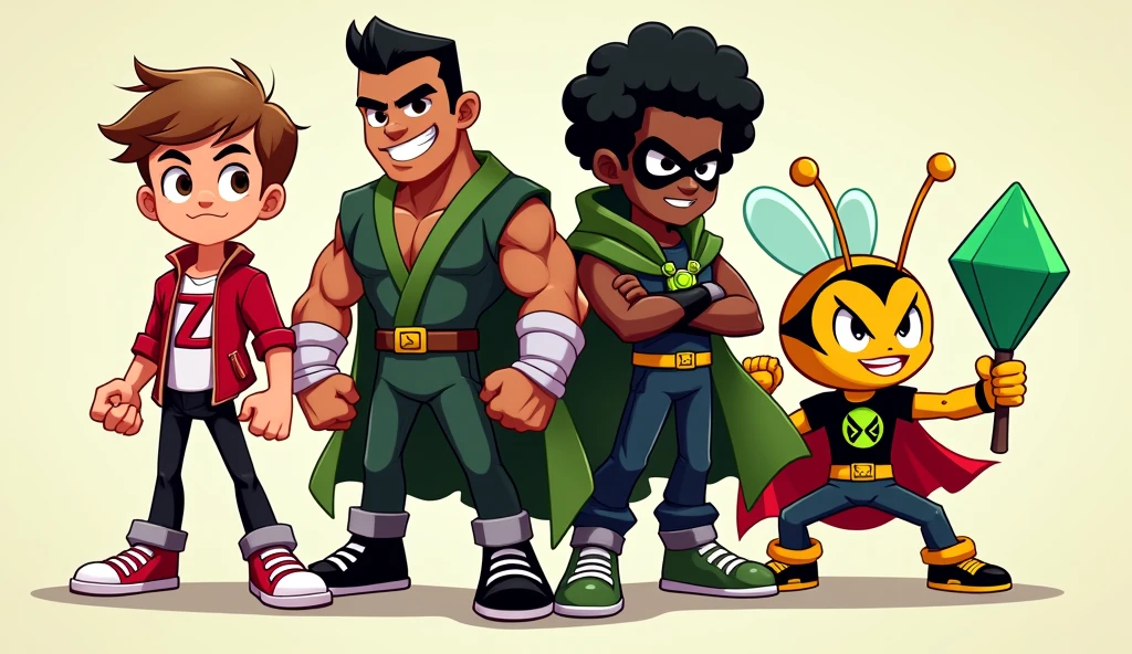 Draw four cartoon-style characters with dynamic, heroic poses. Each character should be outlined with thick, defined lines, using vibrant, saturated colors for a clean, crisp look:Character 1: A young hero with light brown hair in an expected style. He wears an open red jacket, white t-shirt with a red 'Z' in the center, black pants and red sneakers. He has his fists clenched, in a confident pose, ready for action. Character 2: A dark-skinned warrior with dark green curly hair. He wears a green kimono with a tied brown belt, white bands on his forearms and legs. He is in a fighting pose, with a serious expression, showing his determination.Character 3: A modern hero with black, curly hair. He wears a black mask with neon green details, a black t-shirt with a bright green spider symbol, and dark jeans with black and green sneakers. He is crouched in an attack pose, with his fists ready for action. Character 4: A humanoid bee character with a yellow face and mischievous expressions. He wears a crown with an emerald, a red cape, and his body is yellow with black stripes. He holds a large green diamond in one hand while displaying a confident smile. Make sure all the characters are together in a group, displaying their unique personalities with a vibrant and dynamic energy