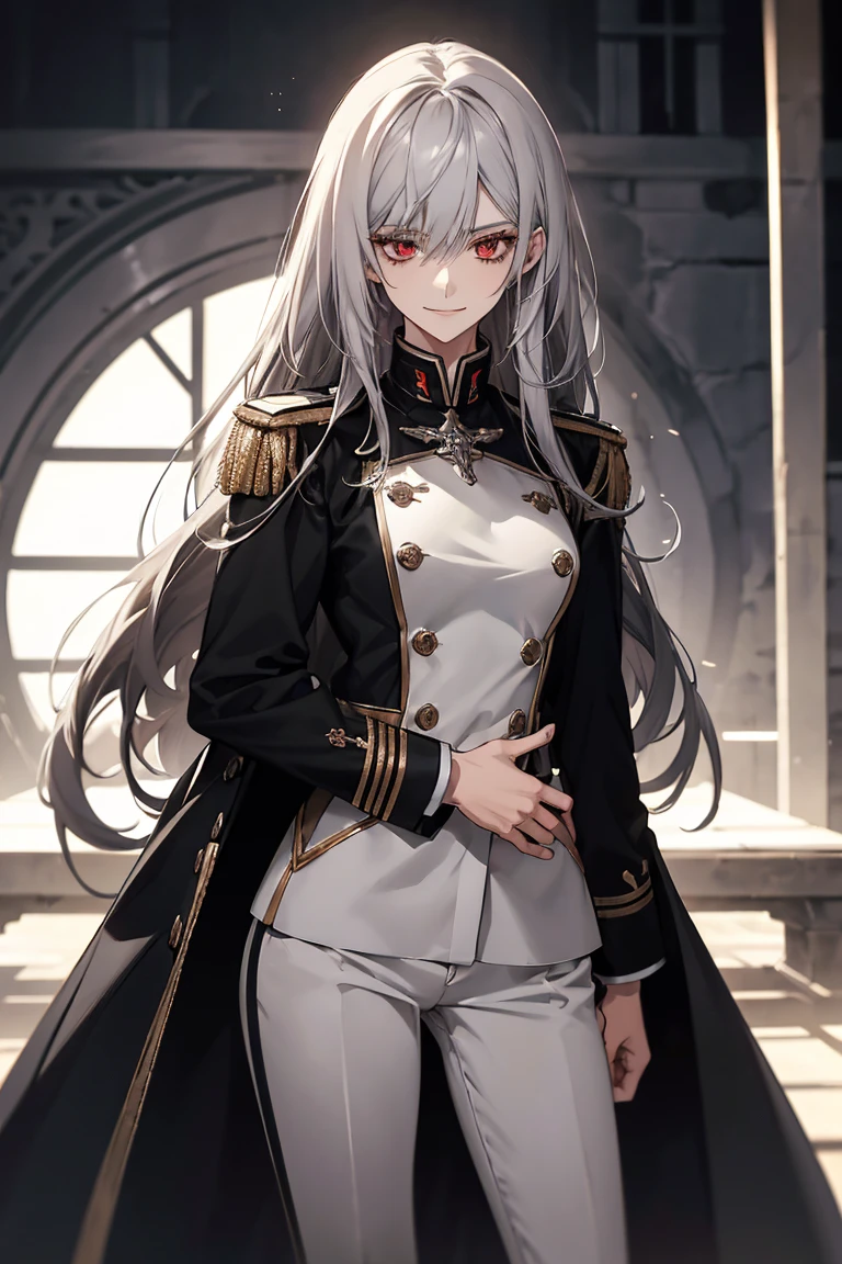 (Confused, High resolution, Very detailed), 1 female, Silver Hair,Long Hair,Bright red eyes,White and black military uniform,24th generation,beauty,mature,thin,quiet,Calm,A small smile,A kind smile,In front of people you like,Long coat,Slender and thin,boots,skinny pants,observatory,Small breasts,