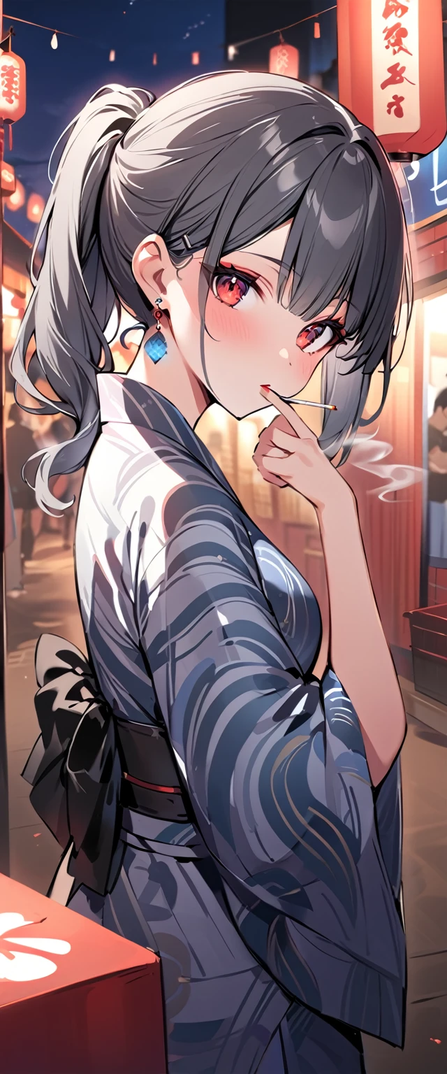 good looking, alone, 1 female, ponytail, Black hair with smoky grey tips, Red eyes,Earrings, smoking, night, Summer festival,Yukata,Black light