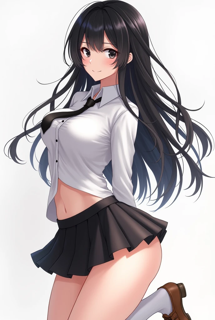 Filia, black hair, detailed eyes, black pupils, white shirt, black tiny tie, black skirt, black socks, brown shoes, white panties, huge , tiny waist, large ass, large thighs, vagina marked in panties, big cheeks,