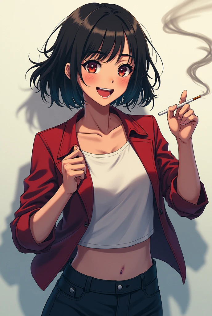 Hibino Kafka de l’anime Kaiju No8 avec une clope et un grand sourire (pour mettre en photo de profil)