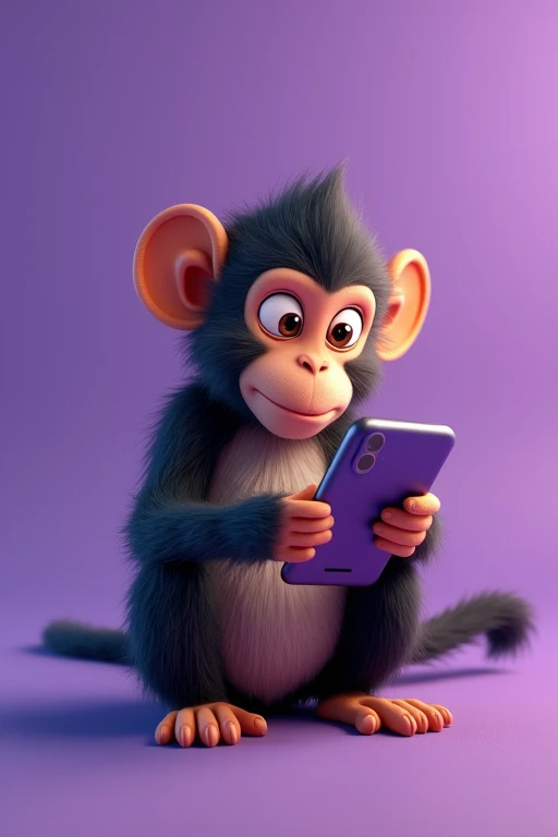 create an image of a monkey typing on a phone with a purple background 
