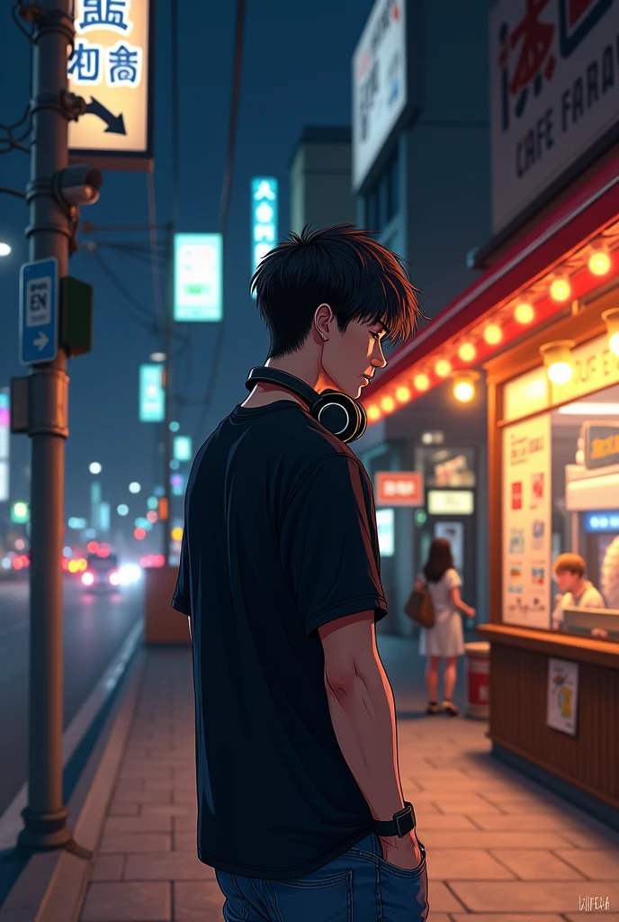 (photorealism:1.2), a young man with a trendy look, neat hairstyle, standing with his head down waiting for the bus, at the city bus stop, black shirt and jeans, headphones around his neck, position in front of the camera, the street light shines on him, at a small cafe on the edge of the road at night, crowded with people, muda mudi, street lamps, a billboard, poster, road sign, traffic lights, electric pole, direction sign
