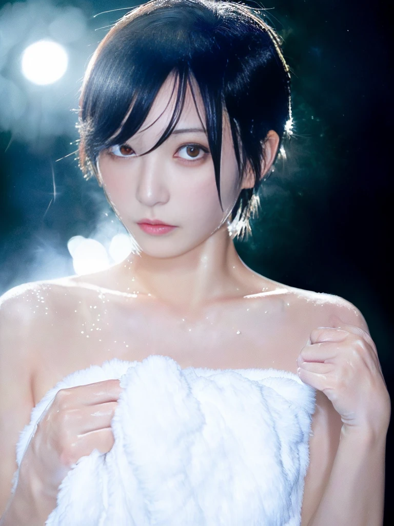 8k,masterpiece,A beautiful woman,hot spring、(hot springに腰まで浸かる:1.3),Cover yourself with a large towel,Wet Hair,Wet Skin,very short hair,black eye,White skin,Beautiful eyes,Beautiful face,strapless,night,Starry Sky,