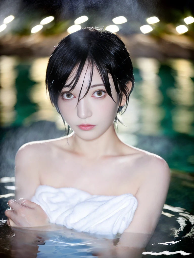 8k,masterpiece,A beautiful woman,hot spring、(hot springに腰まで浸かる:1.3),Cover yourself with a large towel,Wet Hair,Wet Skin,very short hair,black eye,White skin,Beautiful eyes,Beautiful face,strapless,night,Starry Sky,