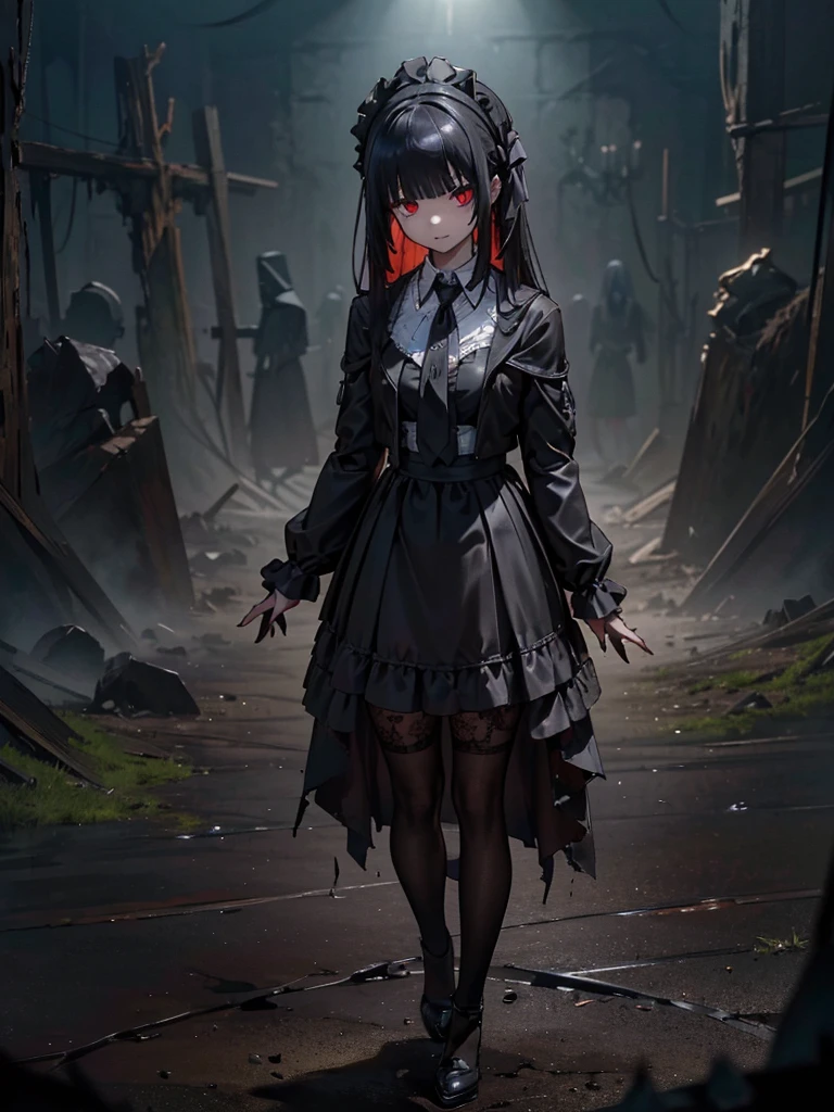 Black maid outfit, whole body, Long black hair,Red eyes,In the spotlight,(It generates high-quality female works with a dark and insane horror movie-like world view centered on black. She has a creepy and attractive physique、whole body黒のファッションスタイルを着ています. The background is a dark and desolate landscape, An atmosphere like a horror movie setting. Her figure is terrifyingly beautiful, Emphasizing dark and insane elements. Light and shadow effects are skillfully expressed, detailed, The face and expression in the black attire are meticulously drawn, Artistic elements add depth to the work. The overall atmosphere exudes an eerie and nightmarish worldview, With a unique artistic touch. This movie is、It depicts the dark and insane world of a horror movie in high quality, Evoke visual stimuli and aesthetic sense, It will give viewers fear and excitement. It produces a work that blends the dark and insane worldview of a horror movie with artistic elements