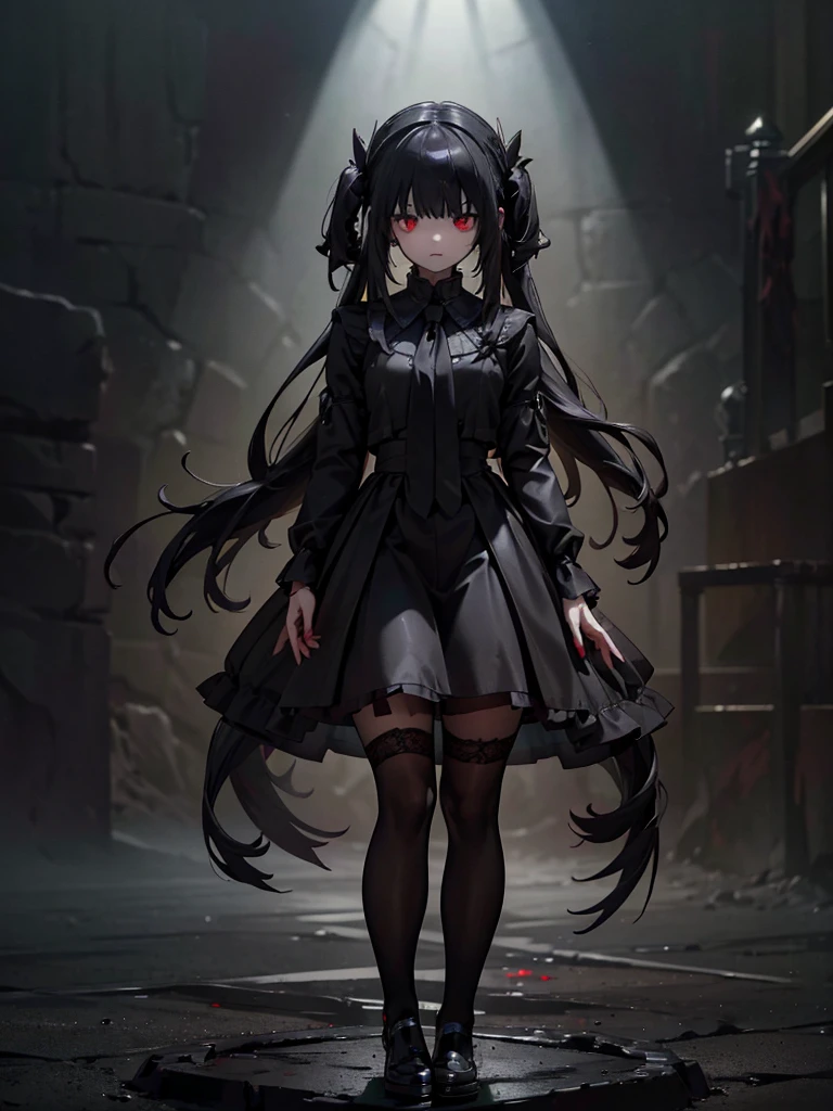 Black maid outfit, whole body, Long black hair,Red eyes,In the spotlight,(It generates high-quality female works with a dark and insane horror movie-like world view centered on black. She has a creepy and attractive physique、whole body黒のファッションスタイルを着ています. The background is a dark and desolate landscape, An atmosphere like a horror movie setting. Her figure is terrifyingly beautiful, Emphasizing dark and insane elements. Light and shadow effects are skillfully expressed, detailed, The face and expression in the black attire are meticulously drawn, Artistic elements add depth to the work. The overall atmosphere exudes an eerie and nightmarish worldview, With a unique artistic touch. This movie is、It depicts the dark and insane world of a horror movie in high quality, Evoke visual stimuli and aesthetic sense, It will give viewers fear and excitement. It produces a work that blends the dark and insane worldview of a horror movie with artistic elements