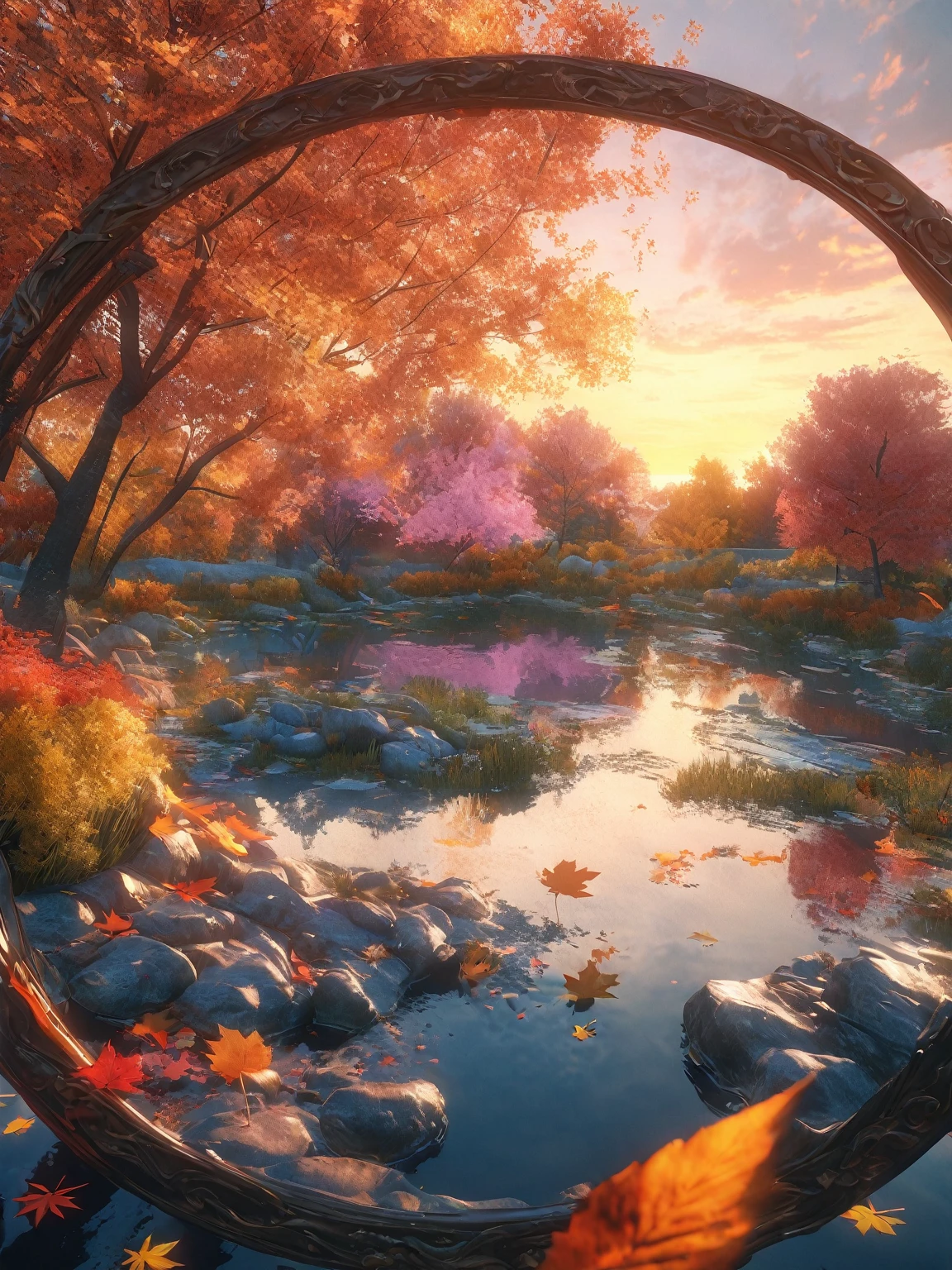 DIY16，best quality, Ultra HD, masterpieces, 8K, Practical, Anime style, 3D Rendering，(Pond in the evening:1.2), (8K, best quality, masterpiece:1.2), (Ultra-high resolution:1.0), Extremely bright design, Soft colors, (ink:1.3), Autumn Lights, High Detail, dramatic, photoPractical painting art
