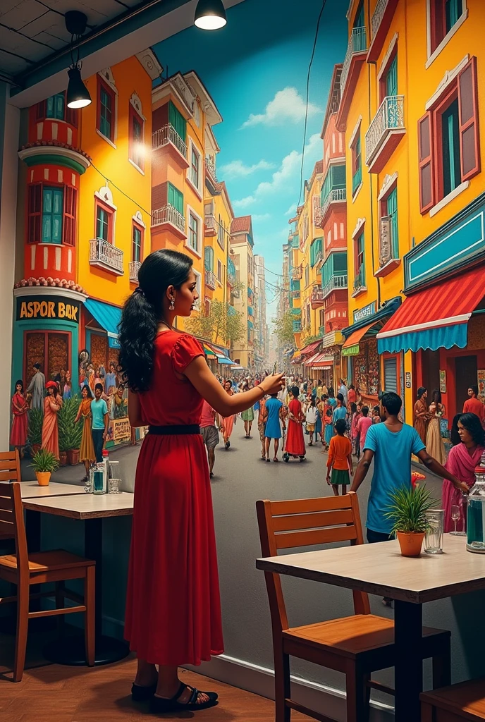 (Mousumi painting a large, colorful mural on a café wall, depicting lively scenes of Bangalore