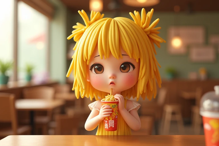 8k, Bokeh photo, Fujifilm, style photo of a Product as stick noodles, who called "Lidi Yoi" in a friendly restaurant (highly detailed skin: 1.2) have cute face, have noodles stick hair, the colour of noodles stick's hair is yellow, wearing a dress from the hot noodles stick packages, and she is eating stick noodles Snack right now, film granulation, 35mm, cute style