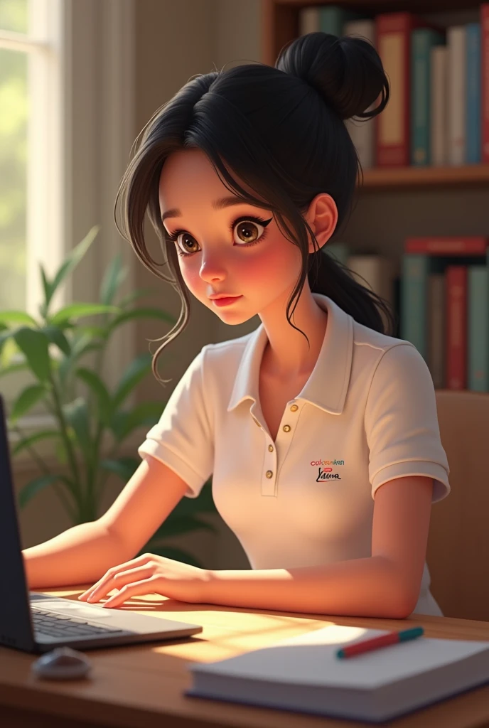 Disney girl wearing a white polo shirt, sitting with her computer studying languages virtually
