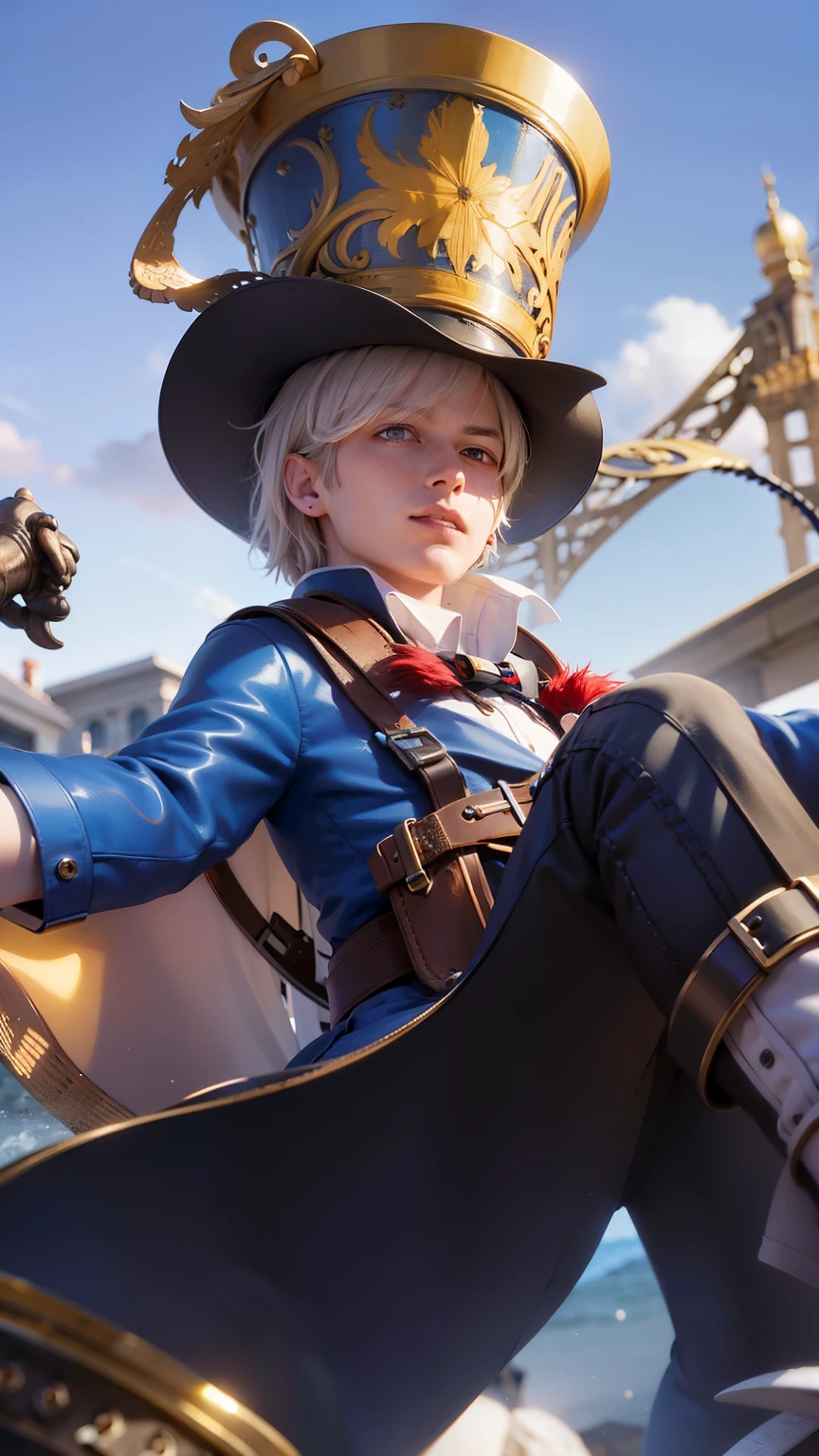 masculine male, masterpiece, ((perfect eyes)) best quality, (semirealism:1.9), beautiful lighting, (extremely detailed CG unity 4k fhd wallpaper), High Detail, Sharp focus, dramatic outdoors, 1 boy ,19 years old, white hair, light purpel eyes, smile.