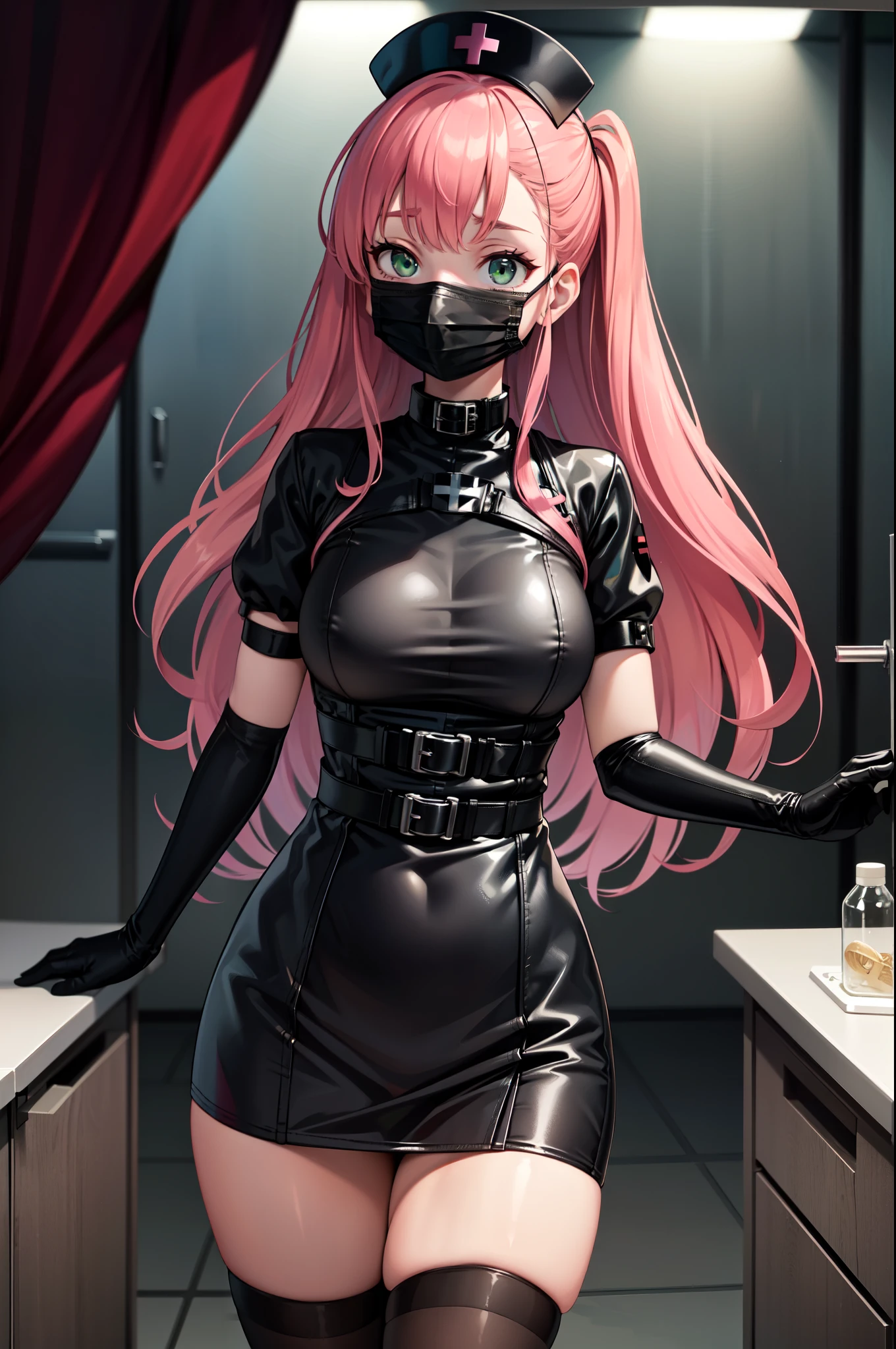 black nurse, 1girl, solo, black nurse cap, black nurse uniform, ((black legwear, zettai ryouiki)), black elbow gloves, pink hair, green eyes, drooping eyes, ((black surgical mask, covered nose)), standing, ((surgery room)), sharp outline, short sleeves, best quality, masterpiece