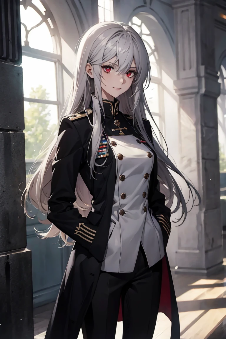 (Confused, High resolution, Very detailed), 1 female, Silver Hair,Long Hair,Bright red eyes,White and black military uniform,24th generation,beauty,mature,thin,quiet,Calm,A small smile,A kind smile,In front of people you like,Long coat,Slender and thin,boots,skinny pants,observatory,Small breasts,