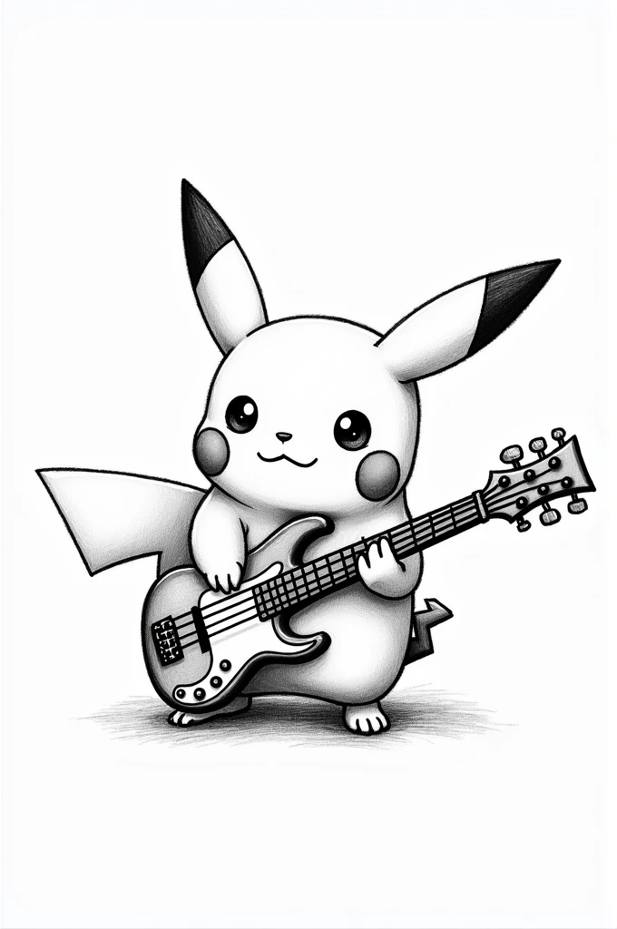 Hand drawn black and white Pikachu playing bass guitar.