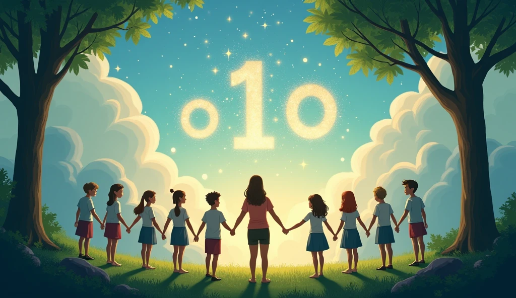 As they finish counting to ten, the teacher gathers everyone in a circle, and they all hold hands. The scene transitions to an overhead shot, showing the group standing in a circle with the forest’s beauty all around them.
Visuals: The camera slowly pans up to the sky, where the clouds form the numbers 1 through 10, sparkling and shimmering with magic.