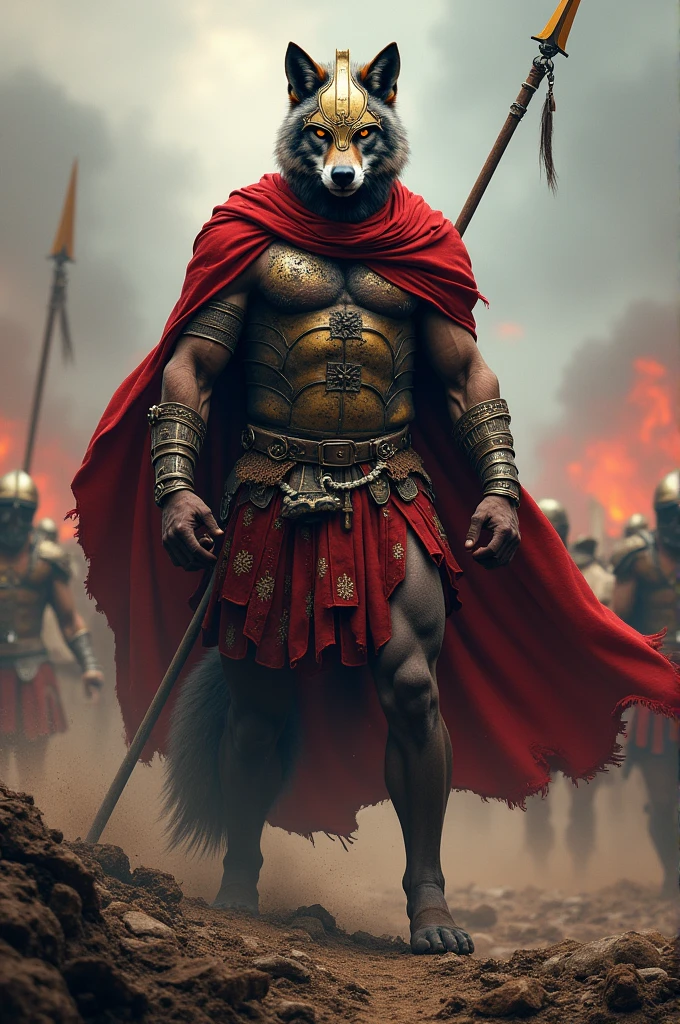 Wolf warrior wearing Spartans cape and helmet background in battle field holding a javelin spare