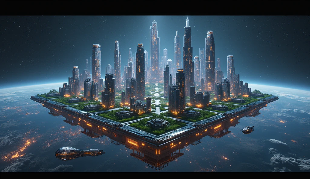 big futuristic scifi city on space ((cube station)), above on the black space, yellow futuristic city, hologram, LED lighting on scifi arc building, green plant on building of city, 8K, full HD, 3d render, Unreal Engine, Octance Render