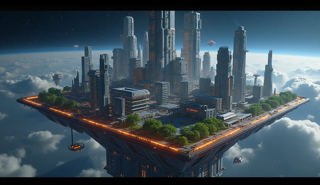 big futuristic scifi city on space ((cube station)), above on the black space, yellow futuristic city, hologram, LED lighting on scifi arc building, green plant on building of city, 8K, full HD, 3d render, Unreal Engine, Octance Render