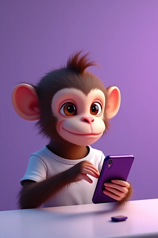 create an image of a cute monkey typing on a phone with a purple background