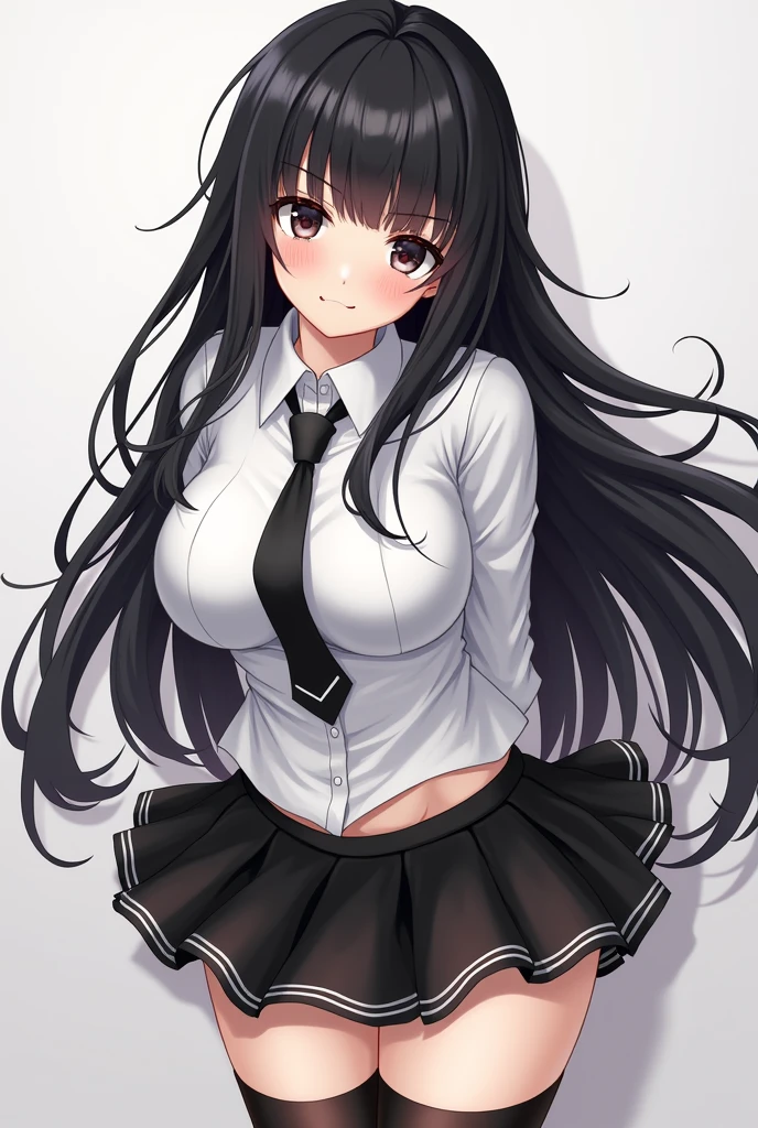 Filia, black hair, detailed eyes, black pupils, white shirt, black tiny tie, black skirt, black socks, brown shoes, white panties, huge , tiny waist, large ass, large thighs, vagina marked in panties, big cheeks,