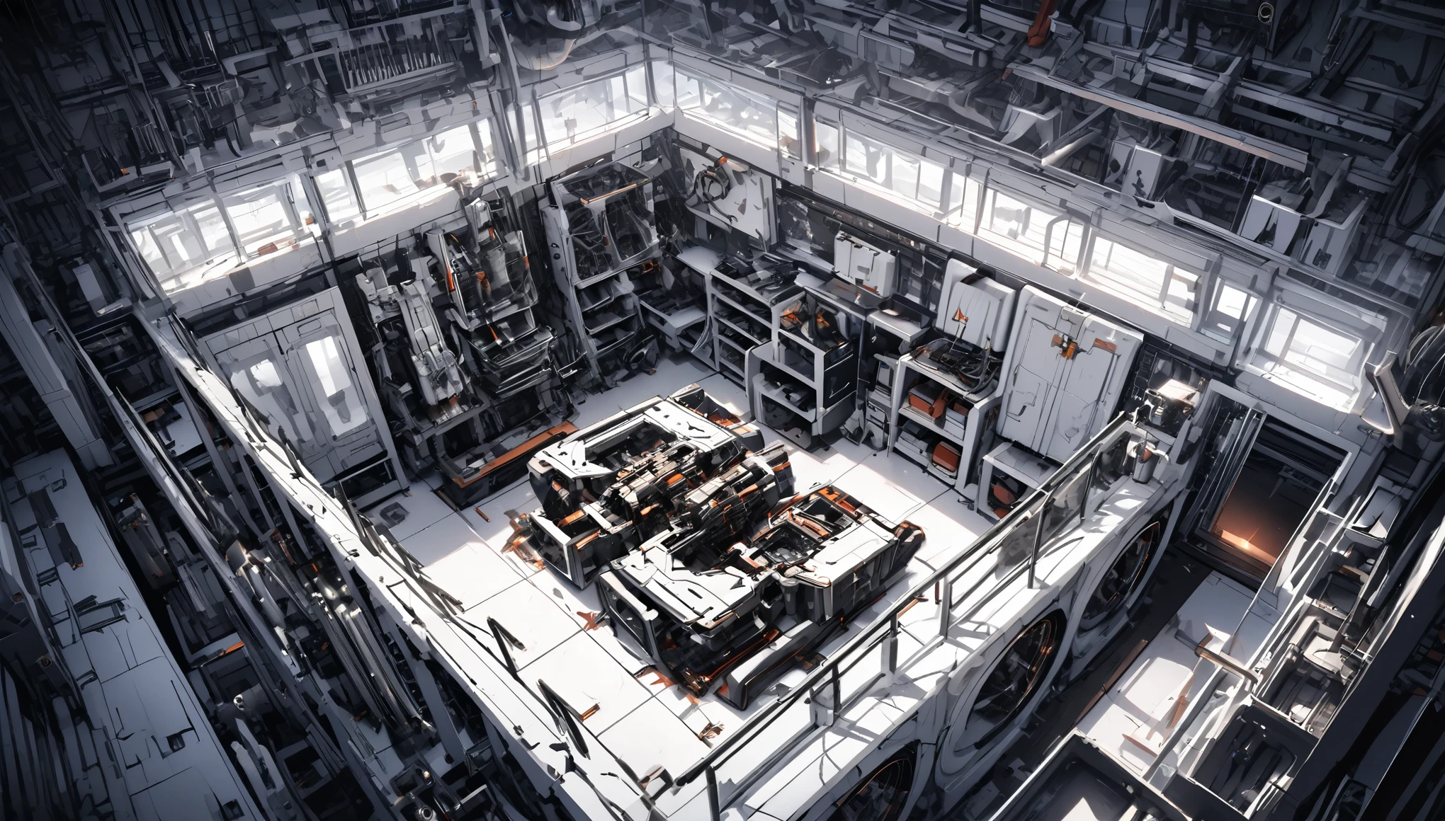 dark, robotics laboratory, futuristic, mechanical device, disassembled robot, tools, rectangular room, indoors, clean, organized, spare limbs, warm light, white room, design, grease, tool rack