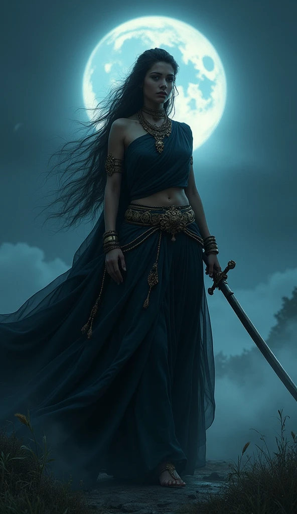 "Create an image of a lady wearing a flowing black saree, holding a sword with a poised and confident stance. The scene is set under a moonlit night sky, with the moon casting a soft glow and creating dramatic shadows. The background features subtle hints of a serene night landscape, enhancing the ethereal and powerful atmosphere of the scene."