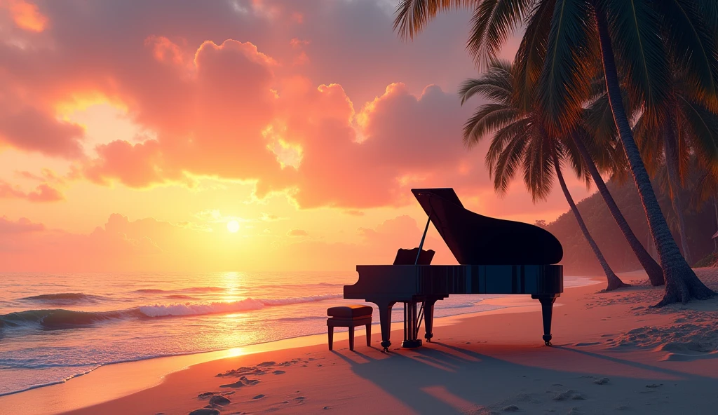 「Under the sunset sky、A black grand piano rests on the sandy beach。In the background、A beautiful beach lined with palm trees and gentle waves extend、Warm orange and pink hues color the sky and sea.。A romantic scene with a relaxed atmosphere。」