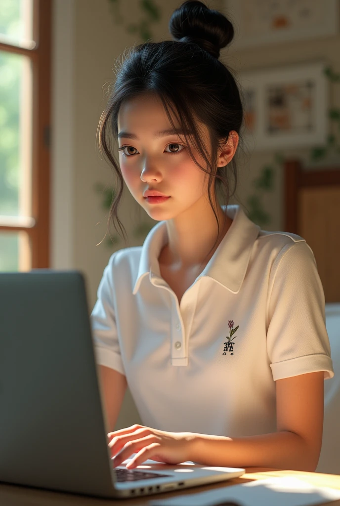 Disney girl wearing a white polo shirt, sitting with her laptop, fully immersed in studying languages virtually