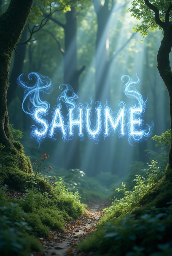 an enchanted forest, with a burning incense and letters that form with the smoke and say SAHUME aromas