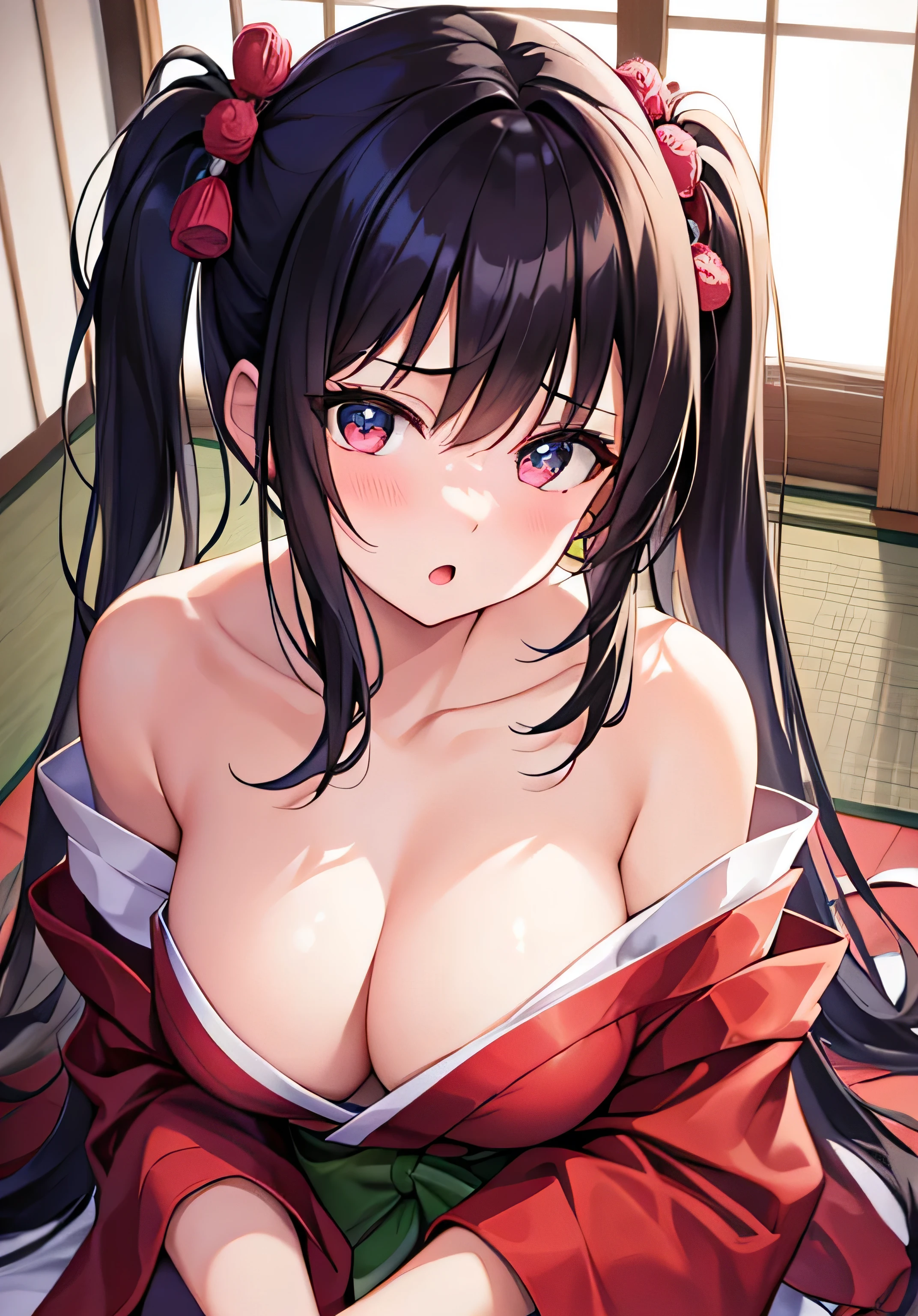 masterpiece、Highest quality、Ultra-high resolution、nsfw、age girl with big breasts、twin tail hairstyle、black hair、Red face、shyly、open your mouth just a little、A white yukata made of white towel fabric with exposed shoulder、cleavage、sit on the Futon mattress、inside Japanese style tatami room at night time、night time