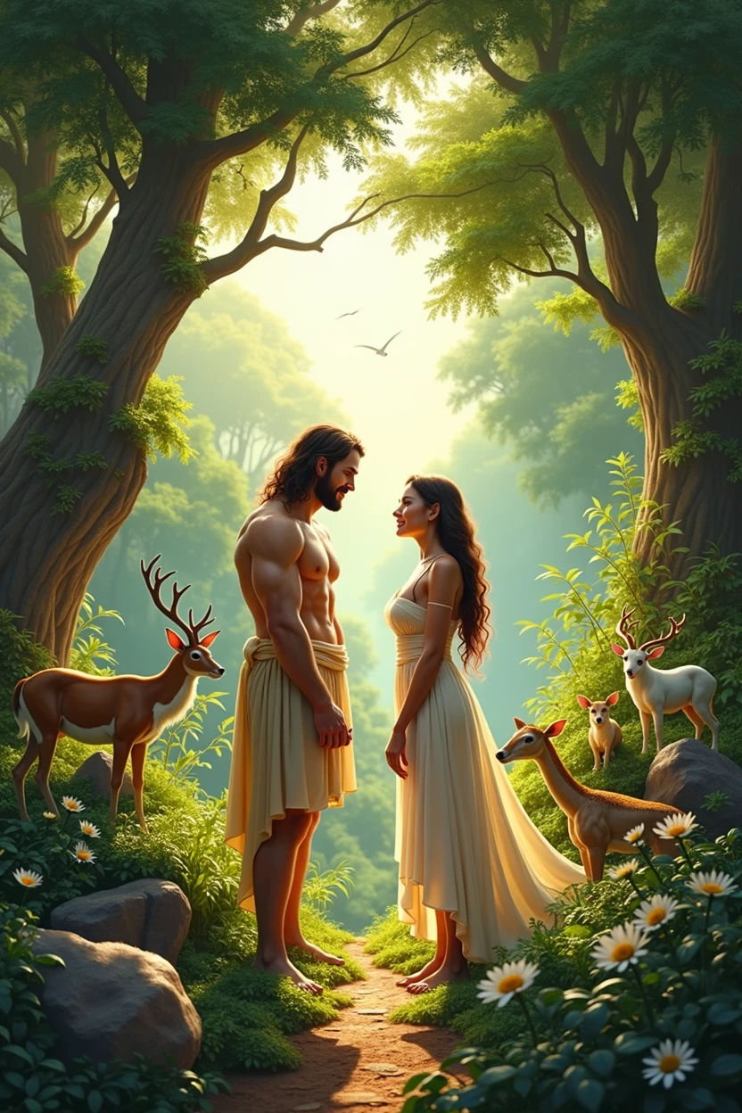 Adam and Eve in the Garden of Eden with Animals and Trees