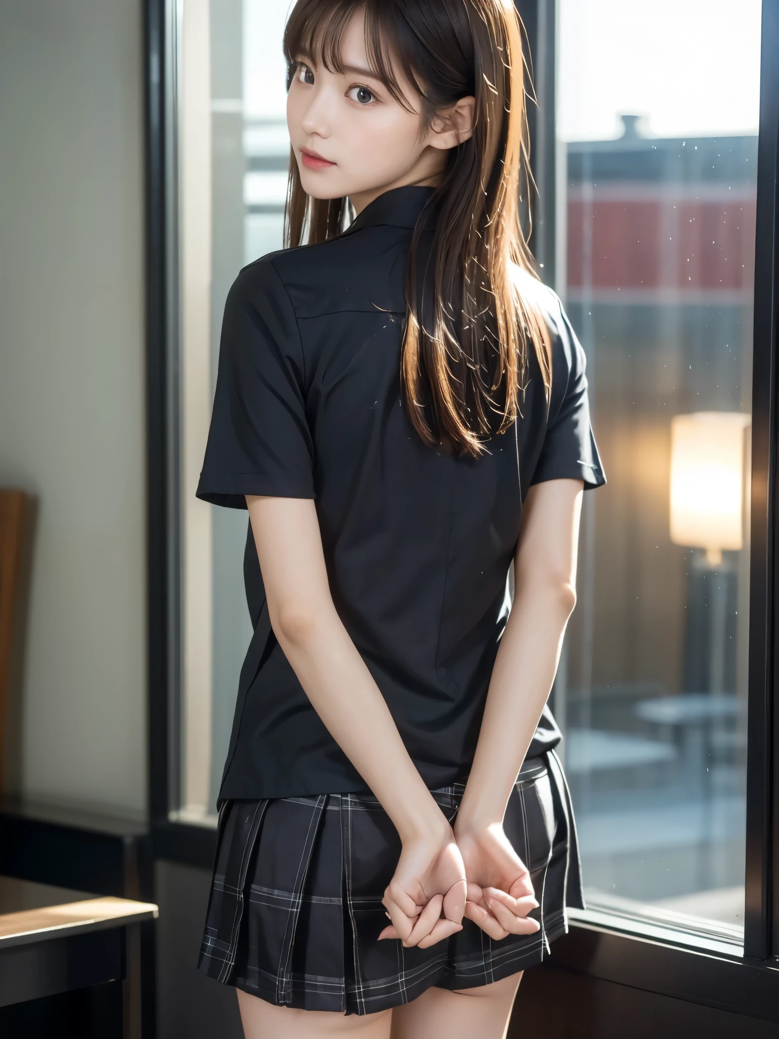 woman、her hands are tied、((put your hands behind your back))、((Place your hands together and cross them behind your back))、(((Her wrists are tied with rope)))、shibari、Beauty、20Year、university student、(anatomicaly, Has two arms and two hands)、In a lighted hotel room、Standing by the window、Outside the window is the night sky、There are many stars、Wearing a short-sleeved blouse、Wear a high school student-style miniskirt、Uniform eyes、Proportional ratio、Small breasts、Small face、(I can see from head to heel), Black Hair, bangs, swept bangs, Straight hair, Nervous, Messy Hair, Floating hair, Cinema Lighting, tachi-e, First-person view, throw, From behind, F/1.2, Nikon, Surrealism, 超High resolution, Highest quality, High resolution, 8k, Textured skin, anatomicaly正しい体,