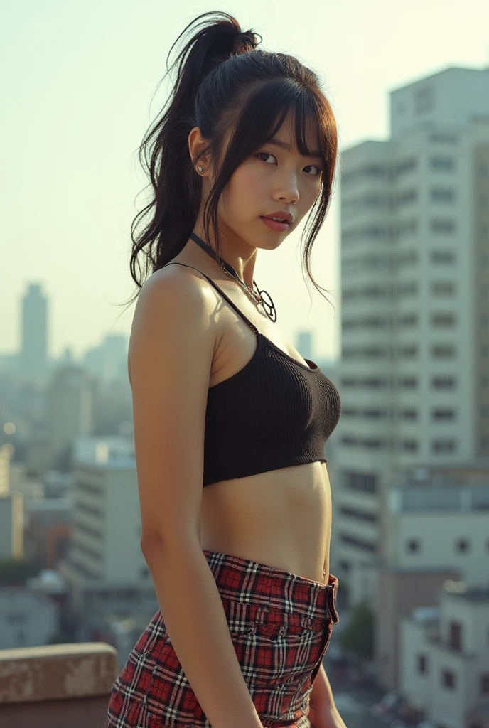 analog film photo, photo of a age punk, female, amber eyes, layered emo ponytail, tan complexion, Japanese ethnicity, tall stature, curvy, voluptuous hourglass figure, busty bosom, full wide hips, plump round buttocks, wearing a rib-knit cami top and a plaid miniskirt, posing on a Tokyo rooftop, RAW Photograph, dslr, soft lighting, high quality, film grain, Fujifilm XT3, detailed skin with visible pores, insane details, masterpiece, 8k, 35mm photograph, dslr, kodachrome, faded film, desaturated, grainy, vintage, Lomography, stained, highly detailed, found footage, close-up shot