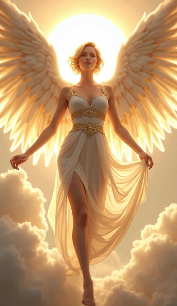 Beautiful and noble angel, (((Wearing a sheer white and gold Greek dress, 2 large angel wings))), (((Blonde short cut, Small breasts, Tight waist, Beautiful legs))), ((Spread your legs wide:1.4)), (((Against the Sun, In heaven))), Very detailed
