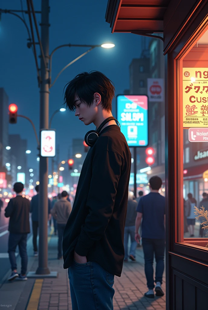 (photorealism:1.2), a young man with a trendy look, neat hairstyle, standing with his head down waiting for the bus, at the city bus stop, black shirt and jeans, headphones around his neck, position in front of the camera, the street light shines on him, at a small cafe on the edge of the road at night, crowded with people, muda mudi, street lamps, a billboard, poster, road sign, traffic lights, electric pole, direction sign