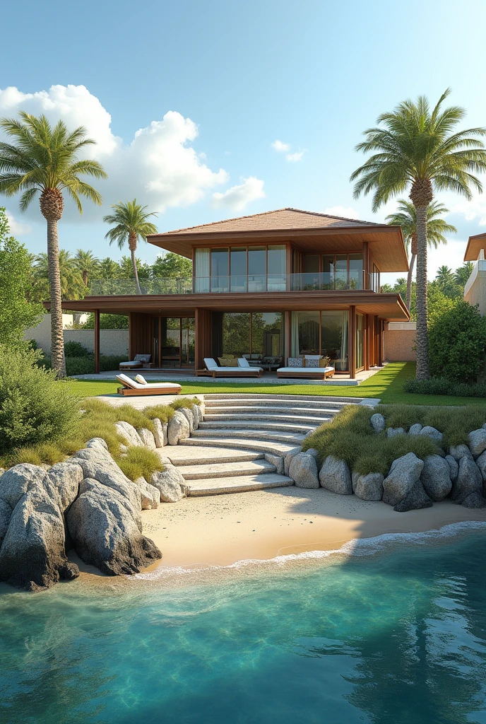 the site should have a holiday villa. This is a site in the beachside. i want to design the stormwater management for this site.want to include followings,Control the Path and Velocity of Runoff -Runoff Channels: Create shallow channels to direct runoff towards designated areas away from the beach, reducing erosion risk. Stabilize Soils in Flat Areas - Erosion Control Measures - Vegetative Cover: Quickly establish native vegetation on disturbed areas to hold soil in place. Prevent Air Pollution from Dust and Particulate Matter Dust Control Measures: - Water Spraying: Regularly spray water on exposed soil and construction areas to minimize dust. - Windbreaks: Install temporary windbreaks or solid barriers around the site to reduce dust dispersion. - Vegetative Cover: Establish temporary vegetative cover on disturbed areas quickly to reduce dust. add a gate too. add a prpoer drainage path to the site and I want you to add a gate and a wall around the site.the site is a rectangular type