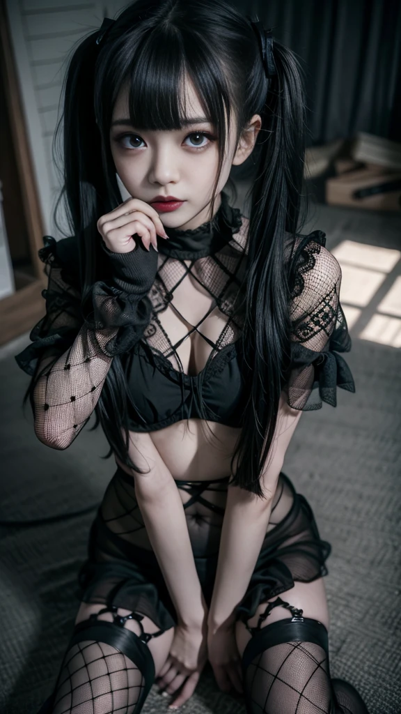 RAW Photos、8k、(Highest quality)、Realistic、(live-action、Intricate details)、(Natural skin texture、Detailed skin、Hyperrealism、Sharpness)、(Pale Skin:1.4、Flat chest)、((((Black Thong、Black Gothic Fashion、Fishnet tights)))、A Japanese age girl stands in an abandoned attic.、((Twin tails、Blunt bangs))、(provocative look、Parting lips:1.3、eye shadow、Tear bags:1.3、Red lips、Dark circles under the eyes)、Thighs、messy floor