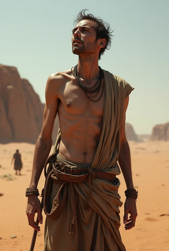 man starving in the medieval desert ,skinny with a pale gaze and asking for help. with torn clothes