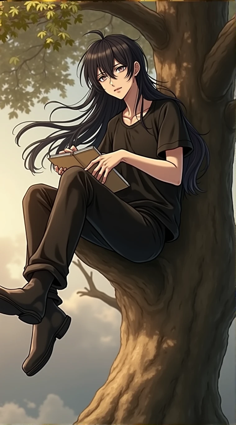 Guy long black hair, sitting on a tree, A notebook in his hands, very sad ,grey eyes, Beautiful skinny body, Black T-shirt, black trousers,Beautiful face, anime art, masterpiece, realistically