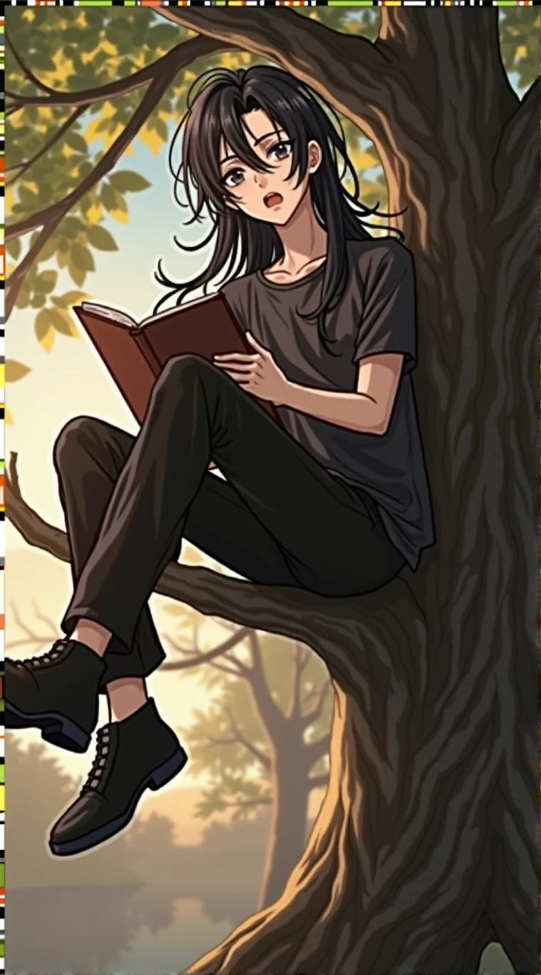 Guy long black hair, sitting on a tree, A notebook in his hands, very sad ,grey eyes, Beautiful skinny body, Black T-shirt, black trousers,Beautiful face, anime art, masterpiece, realistically