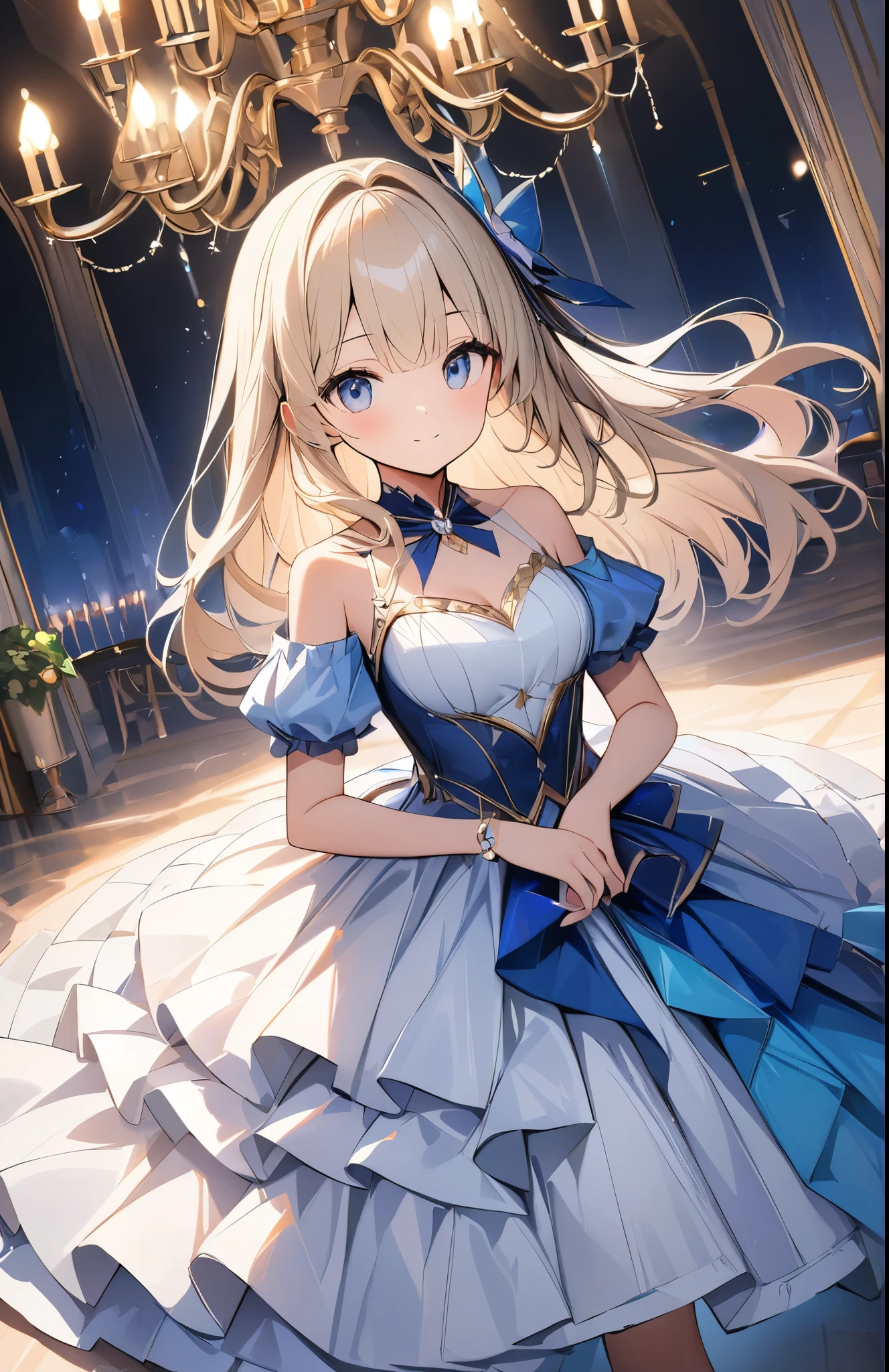 a((Amazingly absurd)),超High resolution, Attention to detail, high quality, High resolution, 最high quality, 4K, 8k,close-up,Cute girl、Night Ball、A princess who dances、Beautiful dress、chandelier、Glowing lighting